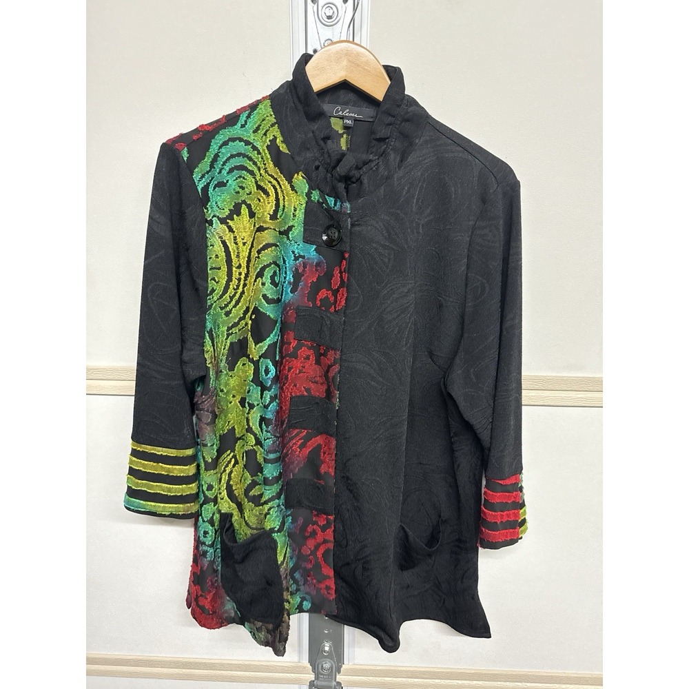 Calessa Button Up Colorful‎ Cardigan Tunic Kimono Sleeve Pockets Slits PXL